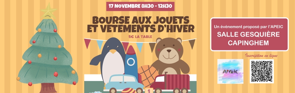 Bourse aux jouets et vêtements d'hiver par l'APEIC, le 17 novembre, de 8h30 à 12h30, salle Gesquière