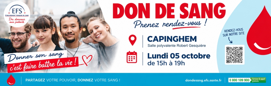 Don de sang le lundi 05 octobre 2026, salle polyvalente Robert Gesquière